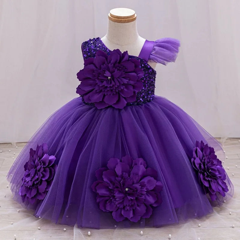 Baby Birthday Dress Girls Flower Sequin Princess Dress Sweet One Shoulder Dress Wedding Flower Girl Dress Beauty Contest Clothin