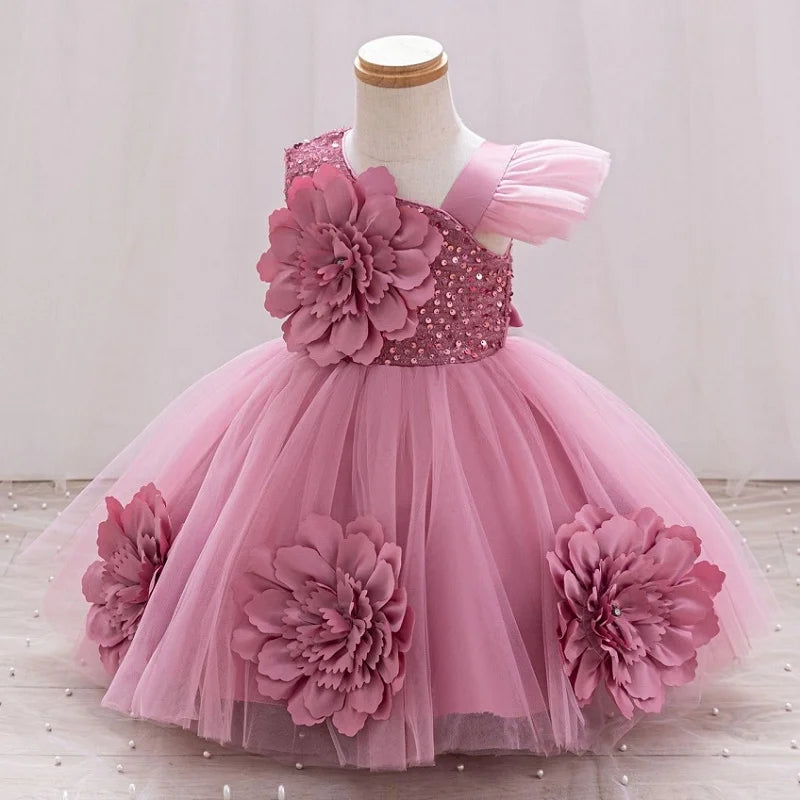 Baby Birthday Dress Girls Flower Sequin Princess Dress Sweet One Shoulder Dress Wedding Flower Girl Dress Beauty Contest Clothin