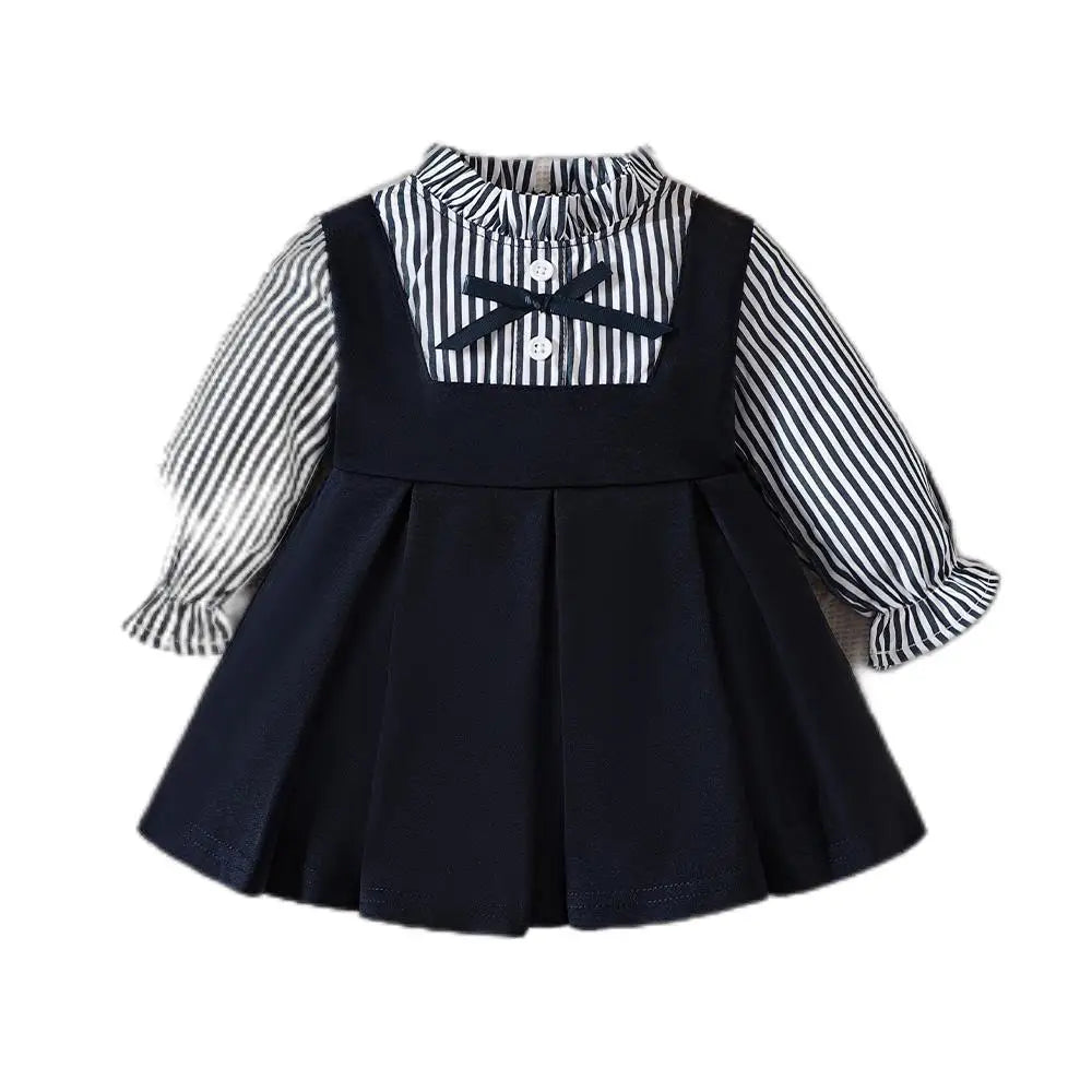 Preppy Style Baby Dress Toddler Girls Round Neck Long-sleeved Patchwork One-piece Children Dress