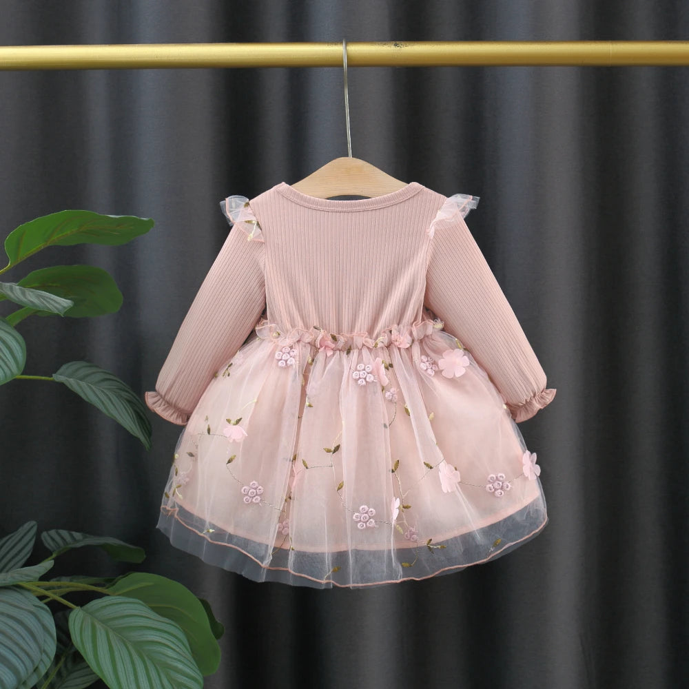 Autumn Spring Toddler Baby Dress Fashion Long Sleeve Knit Flower Embroider Baby Dress Round Neck Casual Pink Dress