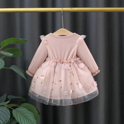 Autumn Spring Toddler Baby Dress Fashion Long Sleeve Knit Flower Embroider Baby Dress Round Neck Casual Pink Dress