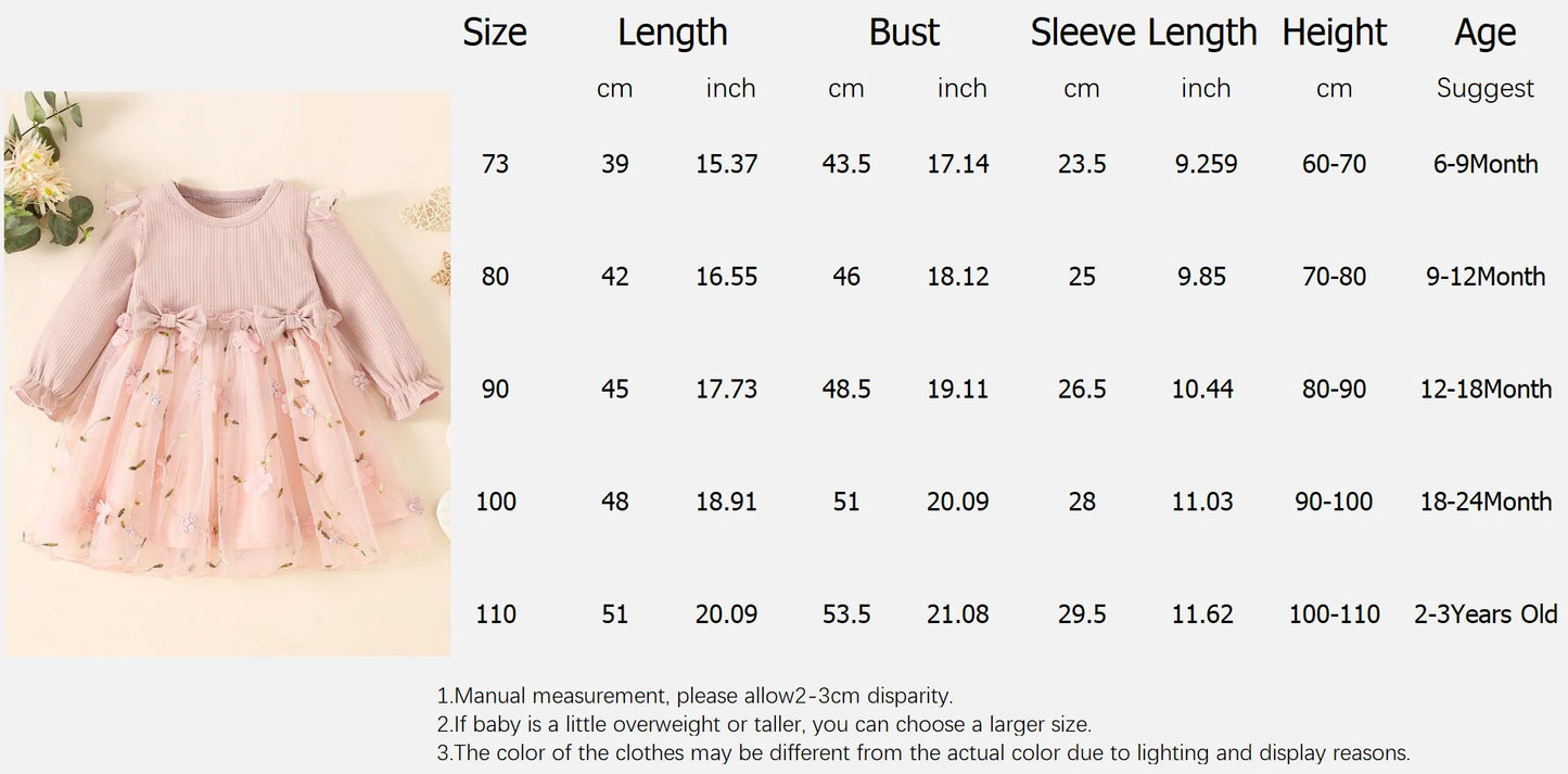 Autumn Spring Toddler Baby Dress Fashion Long Sleeve Knit Flower Embroider Baby Dress Round Neck Casual Pink Dress