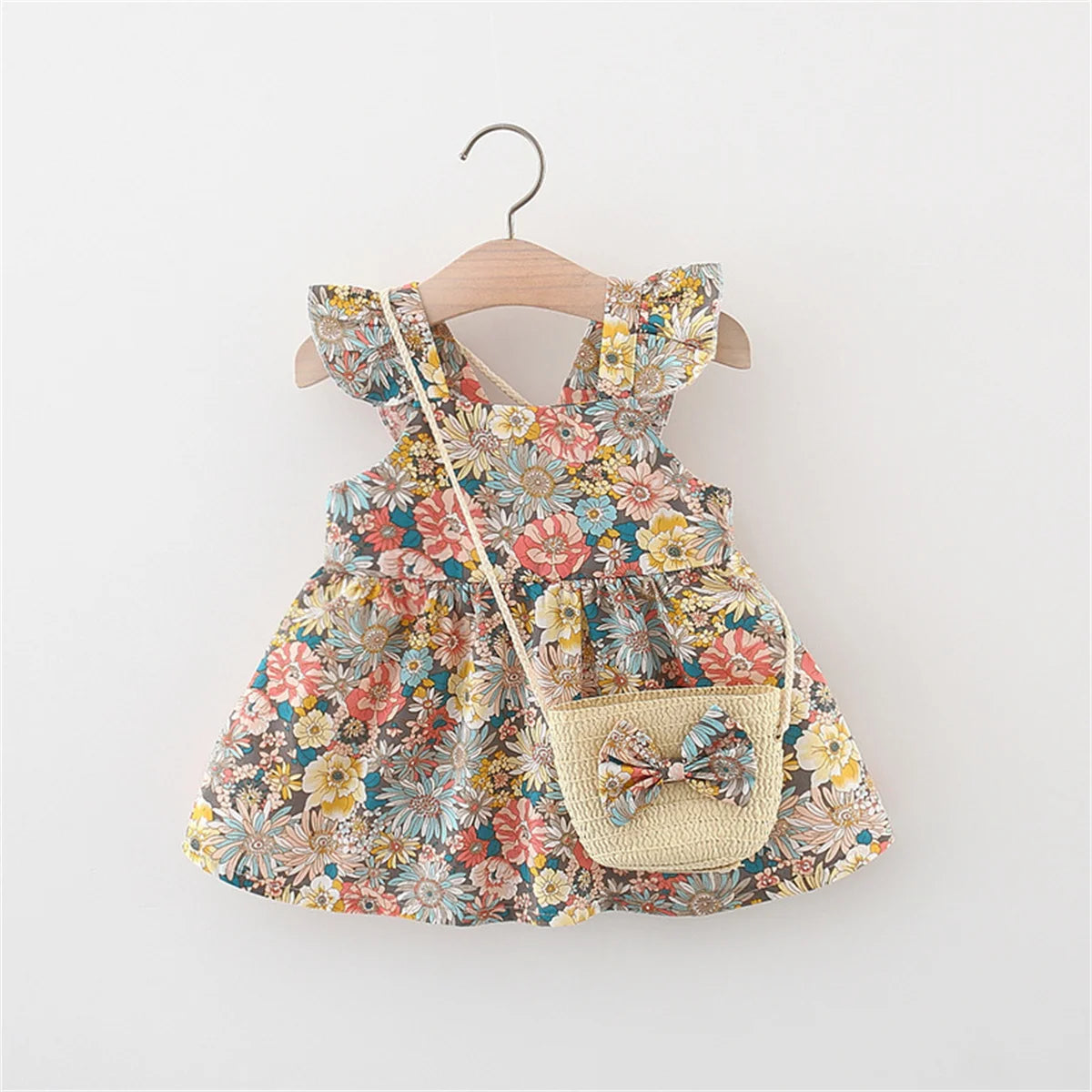 Summer 2-Piece Baby Dress+Woven Bag Girl'S Summer Clothes Baby Dress 0-3 Year Old Floral Beach Children'S Clothing