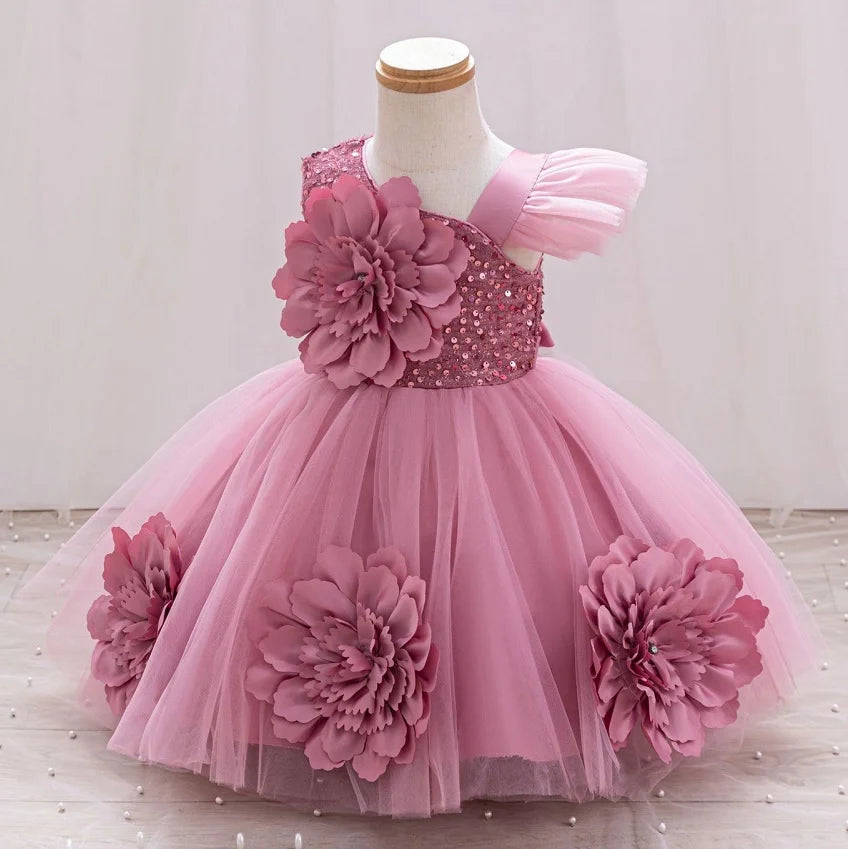 Baby Birthday Dress Girls Flower Sequin Princess Dress Sweet One Shoulder Dress Wedding Flower Girl Dress Beauty Contest Clothin