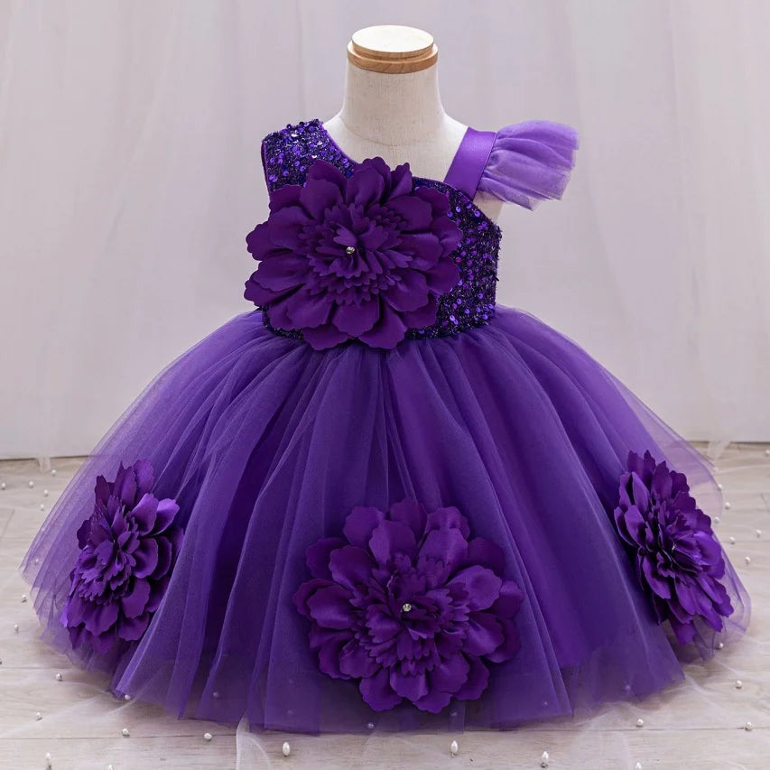 Baby Birthday Dress Girls Flower Sequin Princess Dress Sweet One Shoulder Dress Wedding Flower Girl Dress Beauty Contest Clothin
