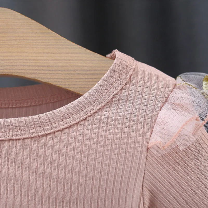 Autumn Spring Toddler Baby Dress Fashion Long Sleeve Knit Flower Embroider Baby Dress Round Neck Casual Pink Dress