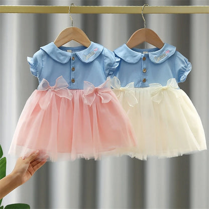 Tutu Dress For Baby Girl Embroidered Doll Collar Princess Dress Bowknot Gauze Baby Dress