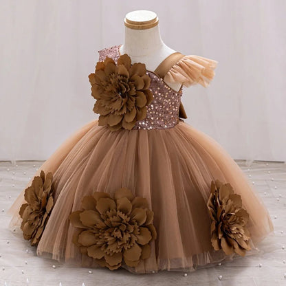Baby Birthday Dress Girls Flower Sequin Princess Dress Sweet One Shoulder Dress Wedding Flower Girl Dress Beauty Contest Clothin