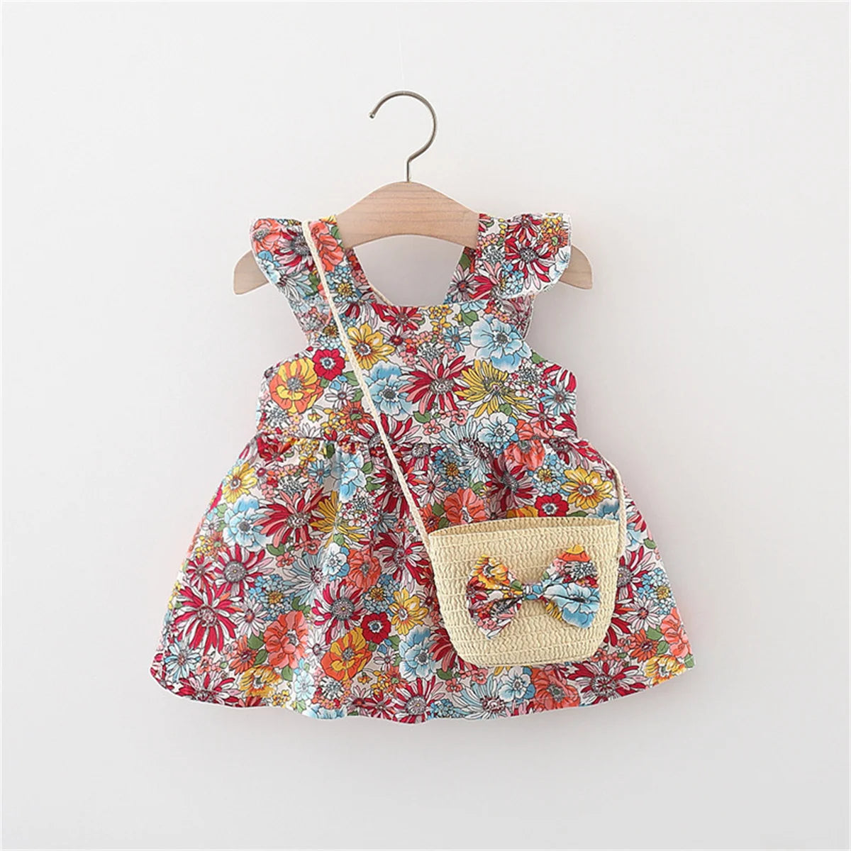 Summer 2-Piece Baby Dress+Woven Bag Girl'S Summer Clothes Baby Dress 0-3 Year Old Floral Beach Children'S Clothing