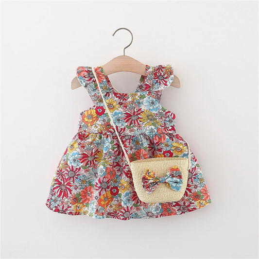 Summer 2-Piece Baby Dress+Woven Bag Girl'S Summer Clothes Baby Dress 0-3 Year Old Floral Beach Children'S Clothing