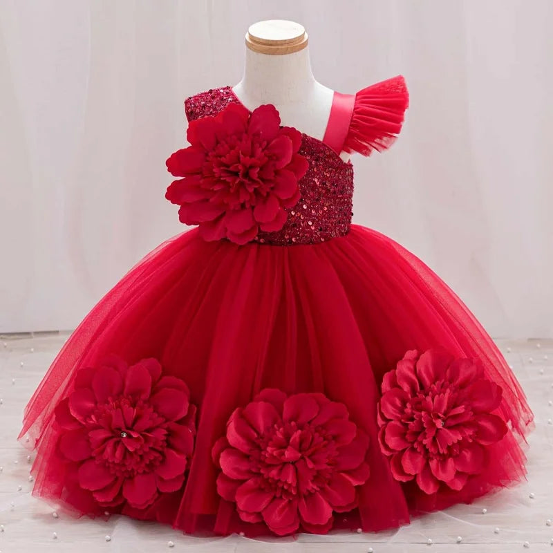 Baby Birthday Dress Girls Flower Sequin Princess Dress Sweet One Shoulder Dress Wedding Flower Girl Dress Beauty Contest Clothin