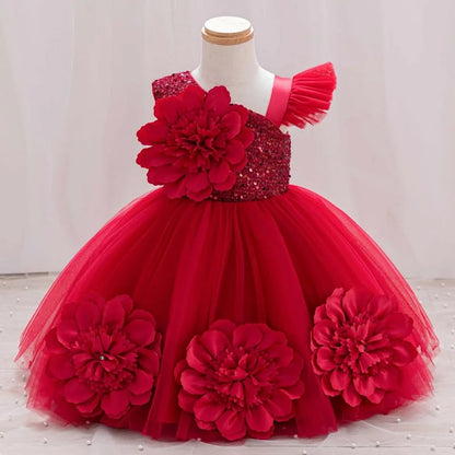 Baby Birthday Dress Girls Flower Sequin Princess Dress Sweet One Shoulder Dress Wedding Flower Girl Dress Beauty Contest Clothin