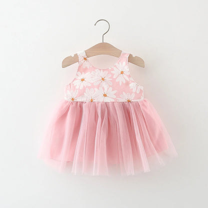 Summer girl baby dress newborn baby chrysanthemum print splicing mesh large bow sleeveless princess dress