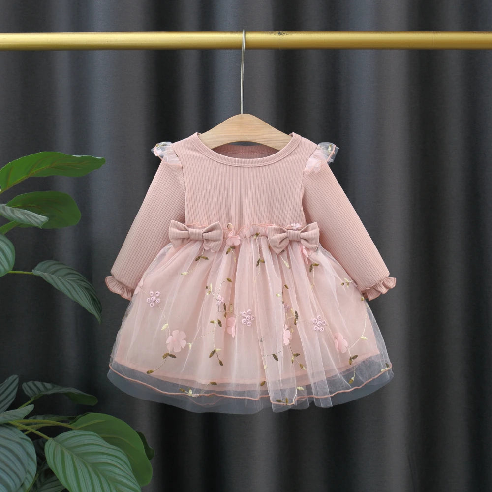 Autumn Spring Toddler Baby Dress Fashion Long Sleeve Knit Flower Embroider Baby Dress Round Neck Casual Pink Dress