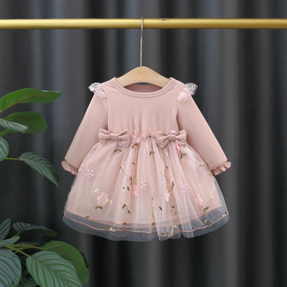 Autumn Spring Toddler Baby Dress Fashion Long Sleeve Knit Flower Embroider Baby Dress Round Neck Casual Pink Dress