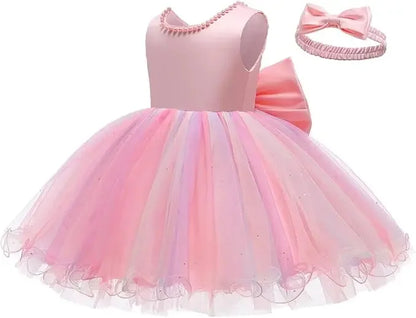 Baby Dresses For 1st Birthday Girls Party Dresses with Headwear Bowknot Toddler Girl Princess Dress Backless Kids Wedding Dress