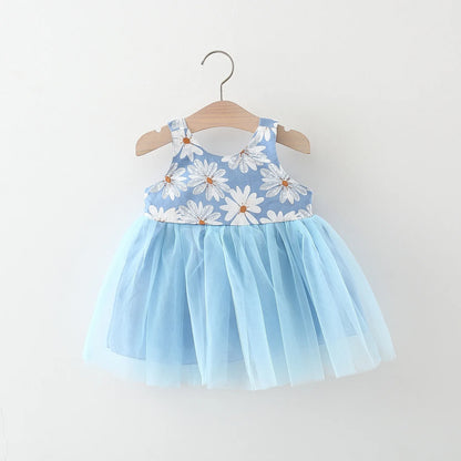 Summer girl baby dress newborn baby chrysanthemum print splicing mesh large bow sleeveless princess dress