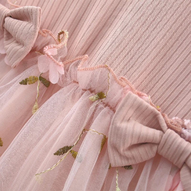 Autumn Spring Toddler Baby Dress Fashion Long Sleeve Knit Flower Embroider Baby Dress Round Neck Casual Pink Dress