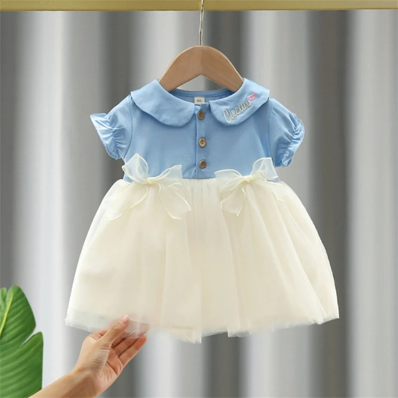 Tutu Dress For Baby Girl Embroidered Doll Collar Princess Dress Bowknot Gauze Baby Dress