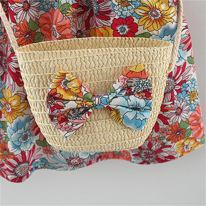 Summer 2-Piece Baby Dress+Woven Bag Girl'S Summer Clothes Baby Dress 0-3 Year Old Floral Beach Children'S Clothing