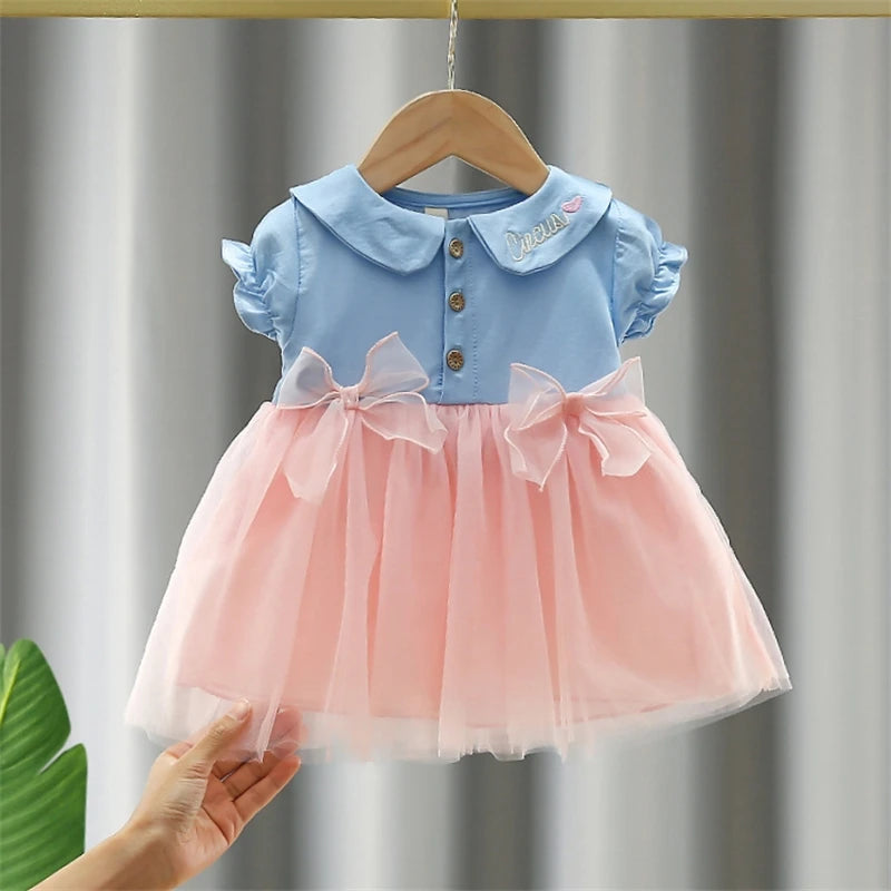 Tutu Dress For Baby Girl Embroidered Doll Collar Princess Dress Bowknot Gauze Baby Dress