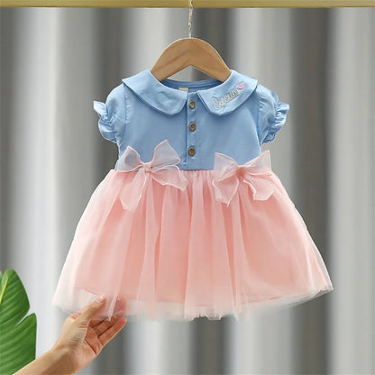 Tutu Dress For Baby Girl Embroidered Doll Collar Princess Dress Bowknot Gauze Baby Dress