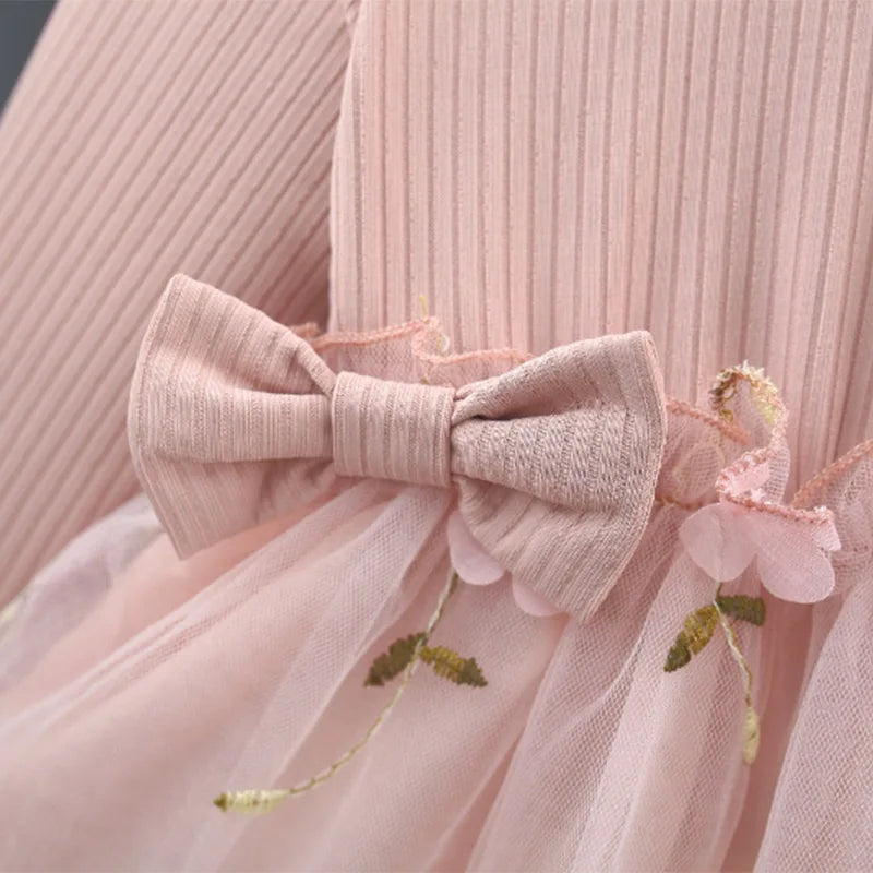 Autumn Spring Toddler Baby Dress Fashion Long Sleeve Knit Flower Embroider Baby Dress Round Neck Casual Pink Dress