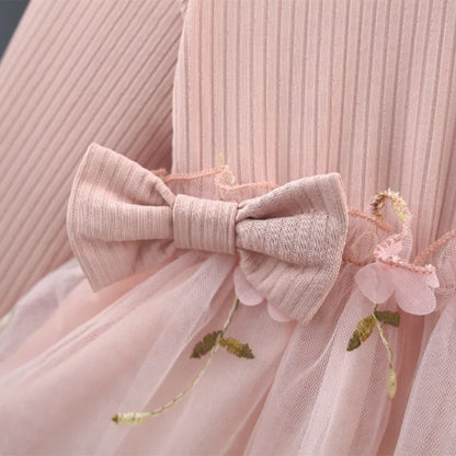 Autumn Spring Toddler Baby Dress Fashion Long Sleeve Knit Flower Embroider Baby Dress Round Neck Casual Pink Dress