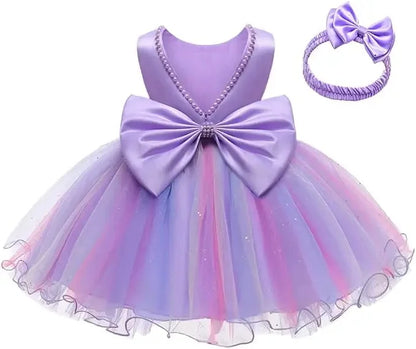 Baby Dresses For 1st Birthday Girls Party Dresses with Headwear Bowknot Toddler Girl Princess Dress Backless Kids Wedding Dress
