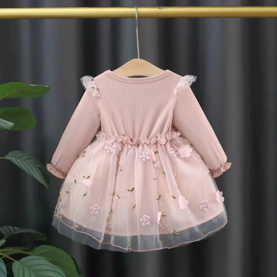Autumn Spring Toddler Baby Dress Fashion Long Sleeve Knit Flower Embroider Baby Dress Round Neck Casual Pink Dress