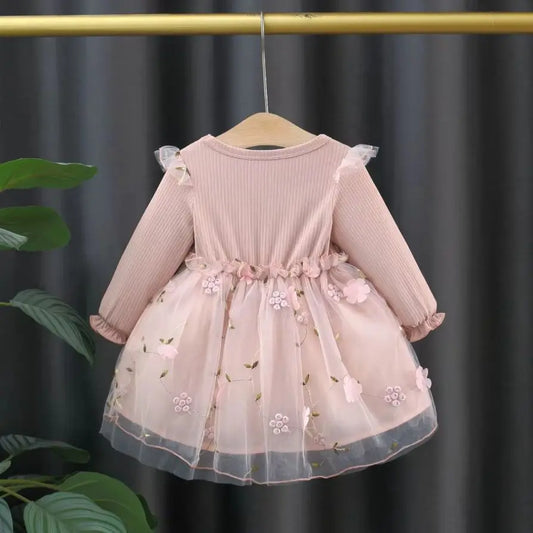 Autumn Spring Toddler Baby Dress Fashion Long Sleeve Knit Flower Embroider Baby Dress Round Neck Casual Pink Dress